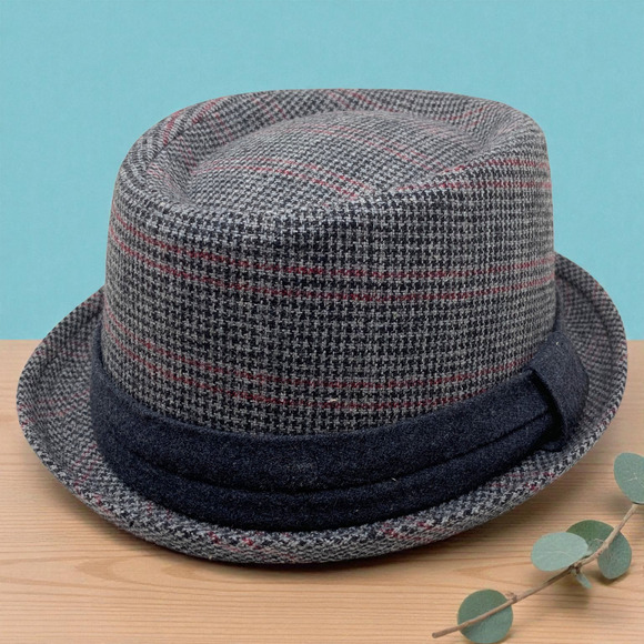 Free Authority Sz L/XL Gray Plaid Fedora Gangster Hat Trilby Cuban Wool Blend - Picture 1 of 6
